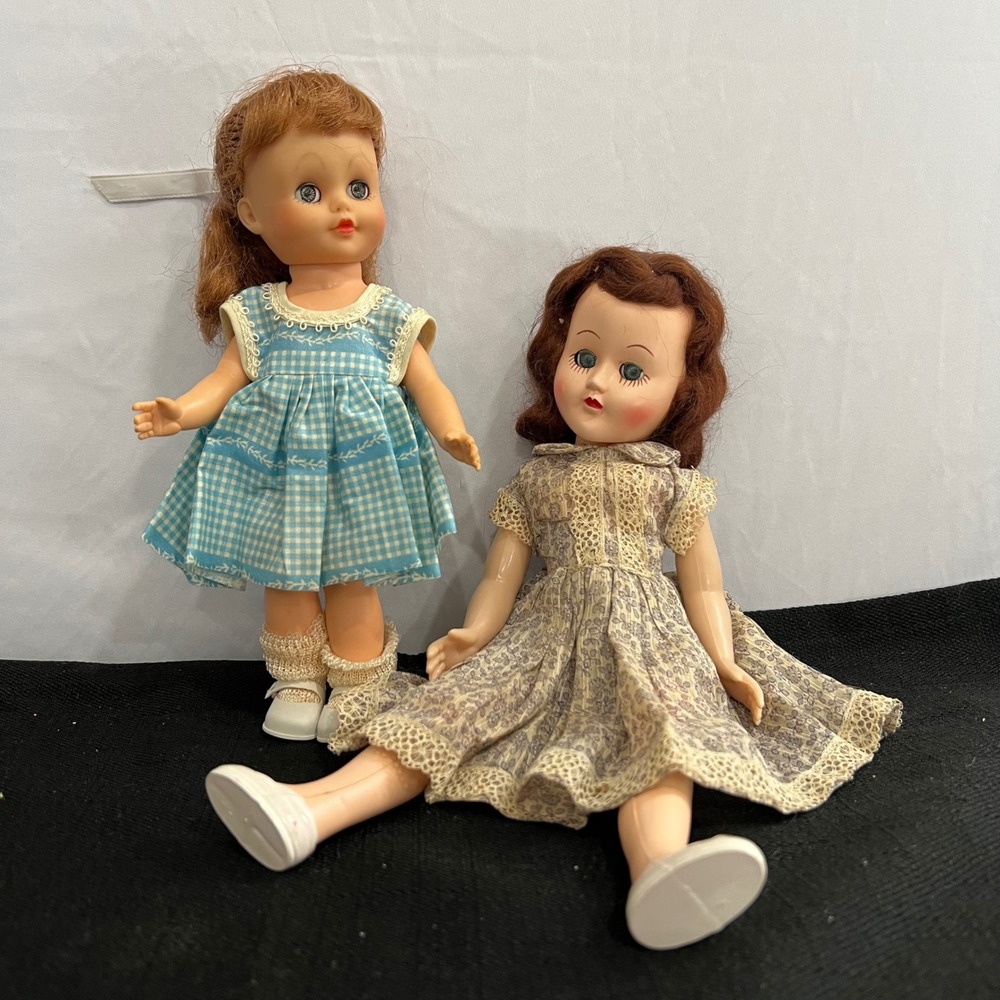 Vintage Set of 2 Sleepy Eye Dolls 8 and 10 inch Mid Century Gingham Lace Dresses